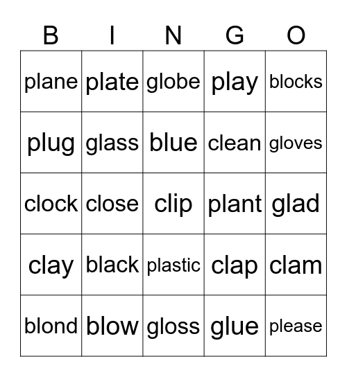PHONICS bl, pl, cl, gl Bingo Card