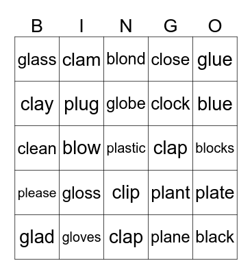 PHONICS bl, pl, cl, gl Bingo Card
