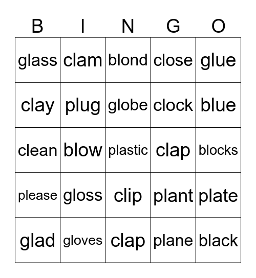 PHONICS bl, pl, cl, gl Bingo Card