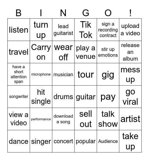 Entertainment Bingo Card