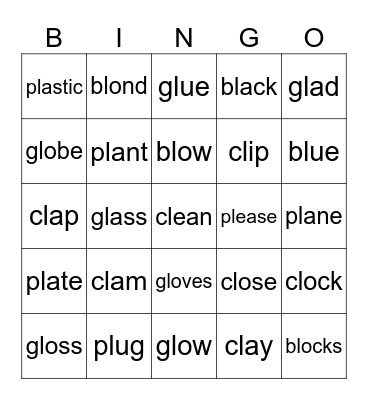 PHONICS bl, pl, cl, gl Bingo Card