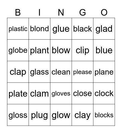 PHONICS bl, pl, cl, gl Bingo Card