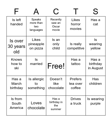 Fun Facts Bingo Card