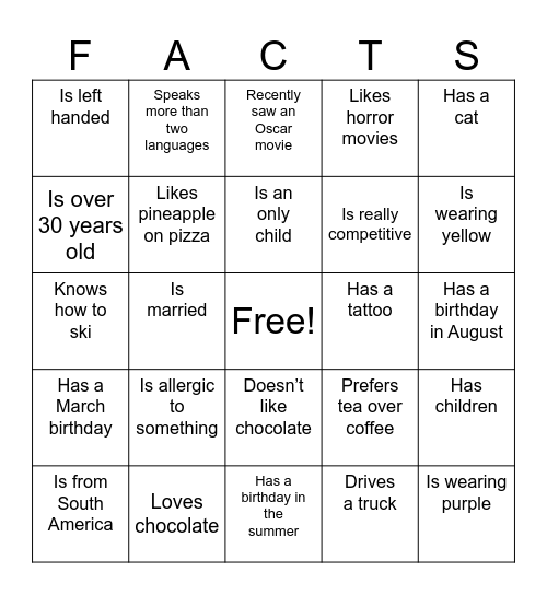 Fun Facts Bingo Card