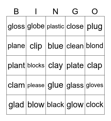 PHONICS bl, pl, cl, gl Bingo Card