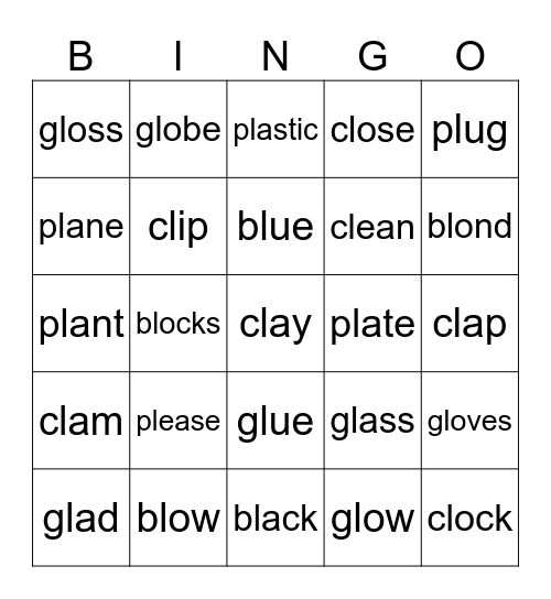 PHONICS bl, pl, cl, gl Bingo Card