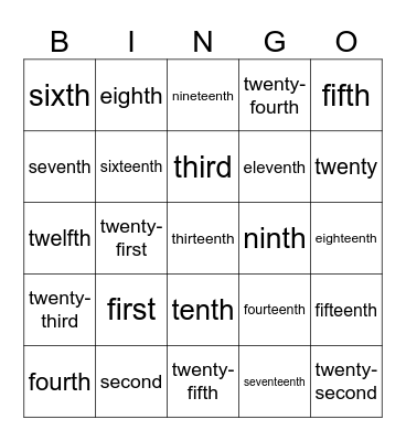 Ordinal numbers Bingo Card