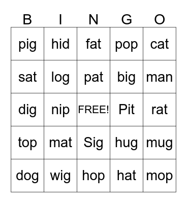 Kindergarten Bingo Card