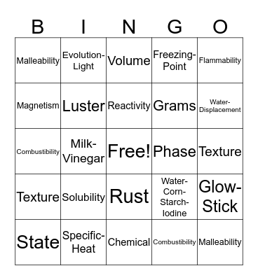 Properties of Matter and Change Bingo Card