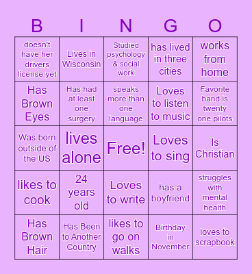 Pen Pal Bingo Card