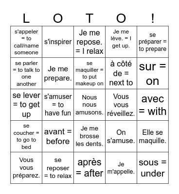 Reflexive verbs / les verbes pronominaux Bingo Card