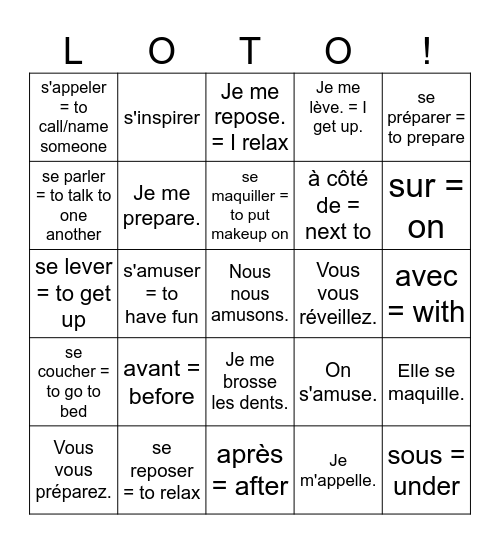 Reflexive verbs / les verbes pronominaux Bingo Card