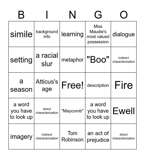To Kill a M"ockingbird Bingo Card