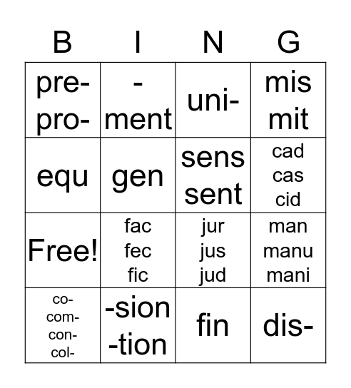 Morpheme Bingo Card