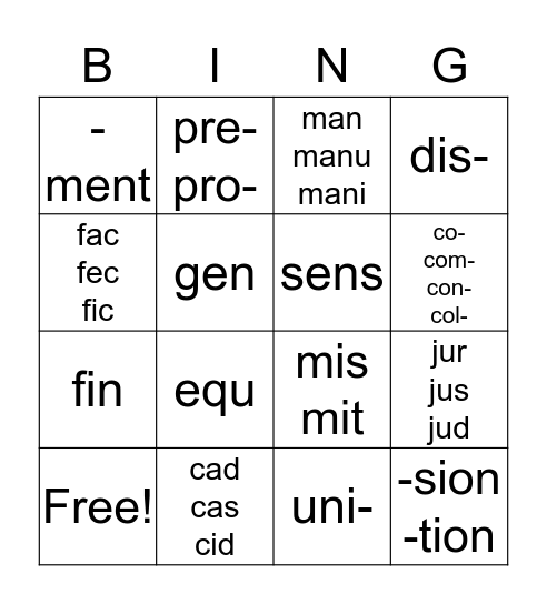 Morpheme Bingo Card