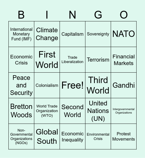 Global Hovernance and Global Divides Bingo Card