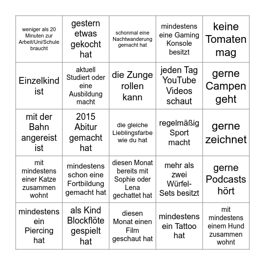 Finde eine Person, die … (Namen eintragen) Bingo Card
