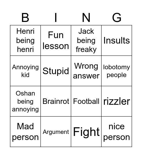 School Bingo Card