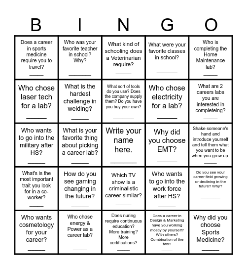 Career Paths Human Bingo Card
