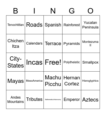 Aztecs, Mayas, and Incas Jingo Bingo Card
