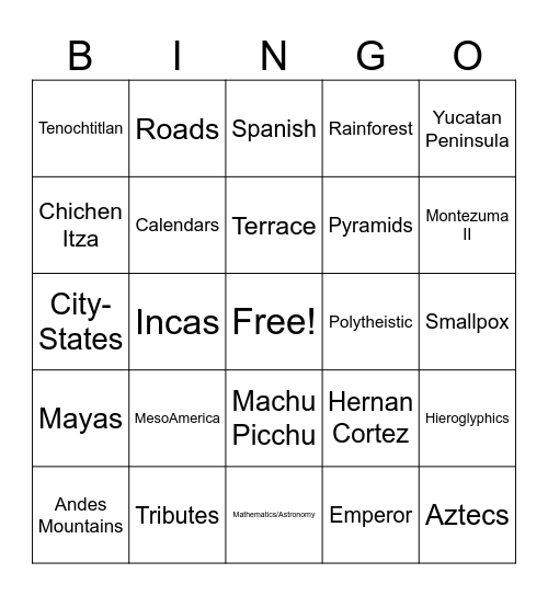 Aztecs, Mayas, and Incas Jingo Bingo Card
