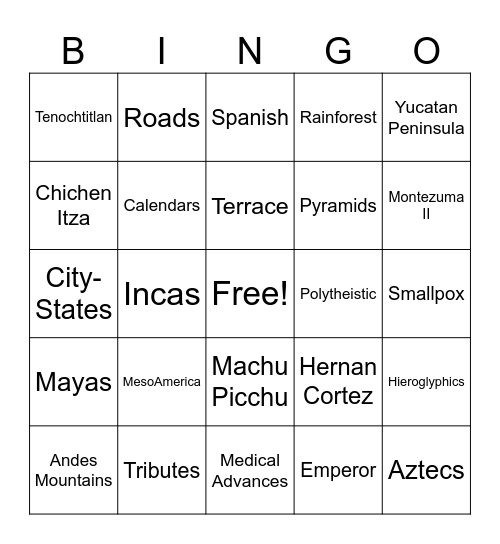 Aztecs, Mayas, and Incas Jingo Bingo Card