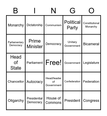 Government Vocab BINGO Card