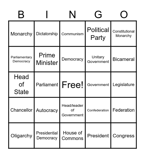 Government Vocab BINGO Card