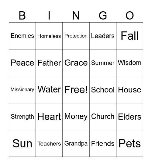 Prayer Bingo Card