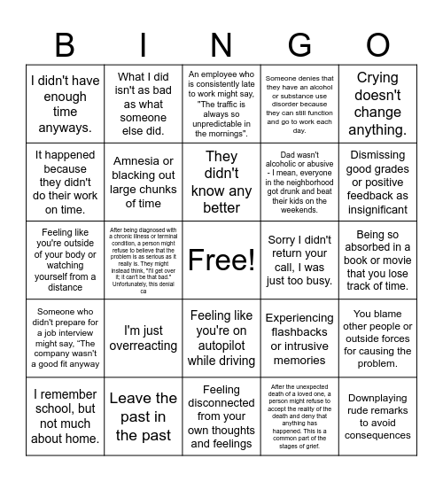 Hiding from Pain Bingo Card