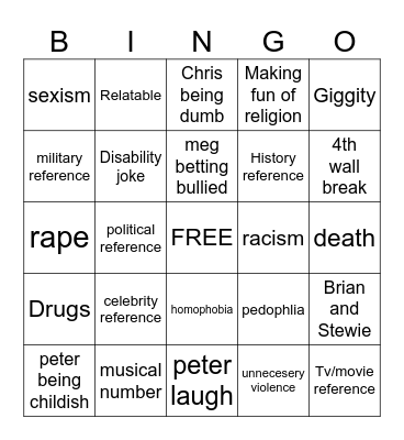 family guy Bingo Card