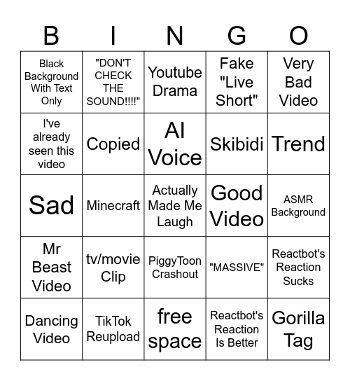 Youtube Shorts Bingo Card