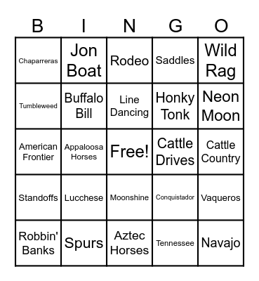 Cowboy Bingo Card