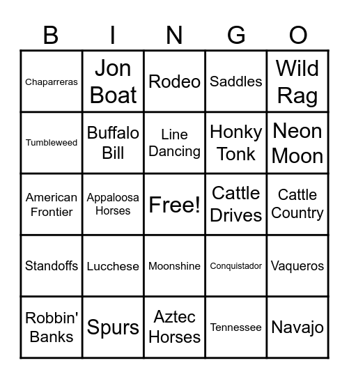 Cowboy Bingo Card