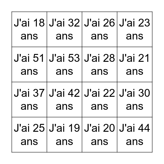 Tu as quel âge ? Bingo Card