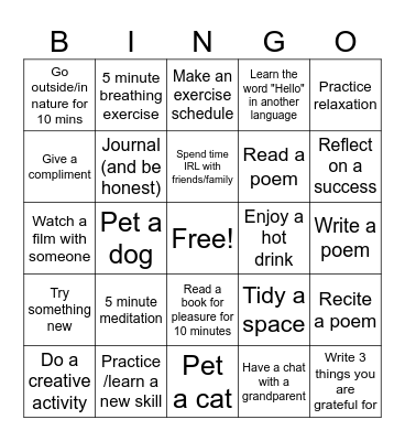 WELLBEING Bingo Card