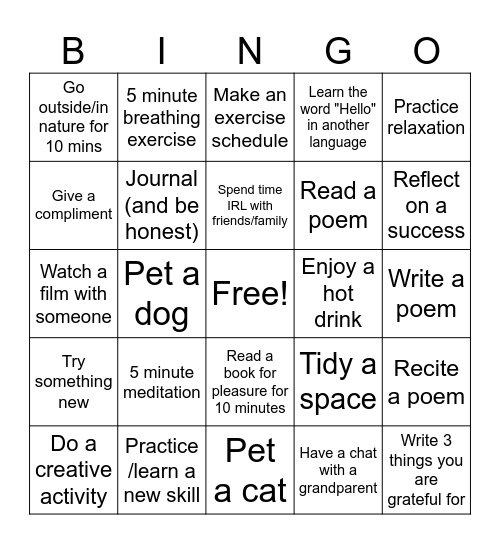 WELLBEING Bingo Card