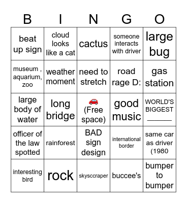Car Ride Bingo Card