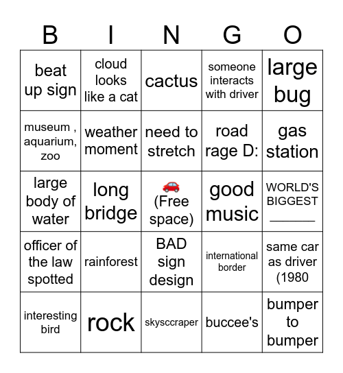 Car Ride Bingo Card