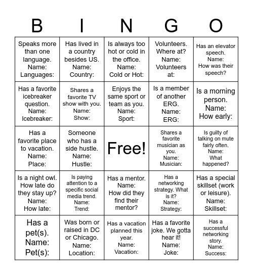 Networking Bingo Card
