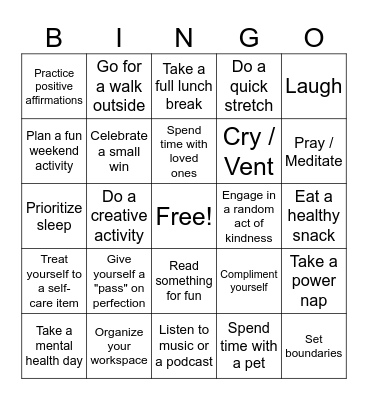 Self-Care Bingo Card