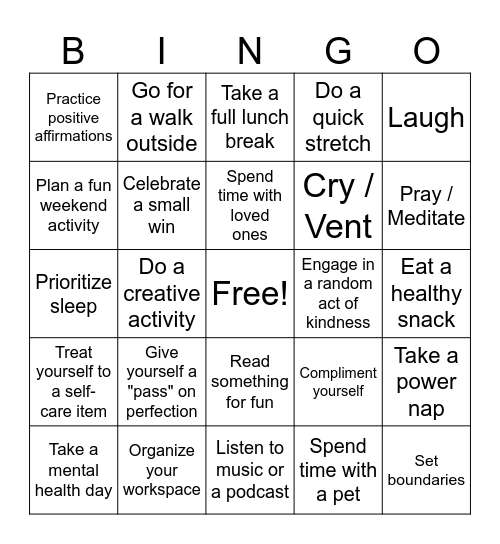 Self-Care Bingo Card