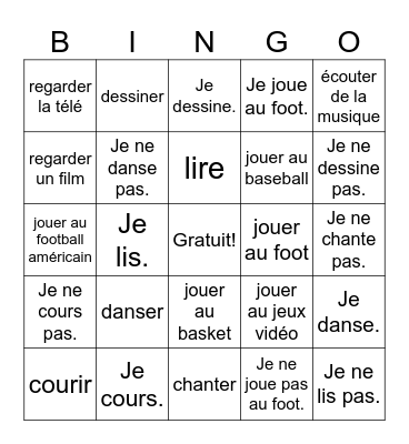 Les activités Bingo Card