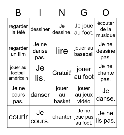 Les activités Bingo Card