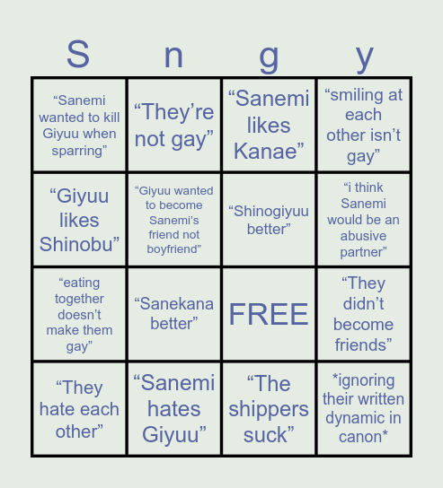 Sanegiyuu hate comment bingo Card