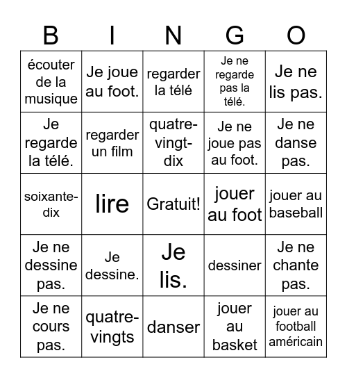 Les activités Bingo Card