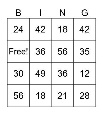 Multiplication Bingo Card