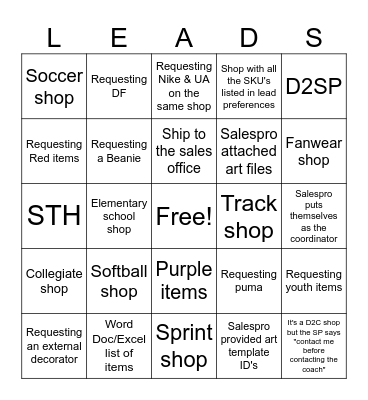 Lead BINGO Card