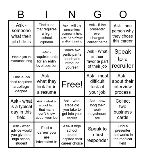 Career Fair Bingo Card
