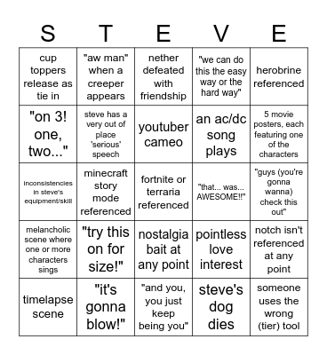 minecraft movie bingo Card